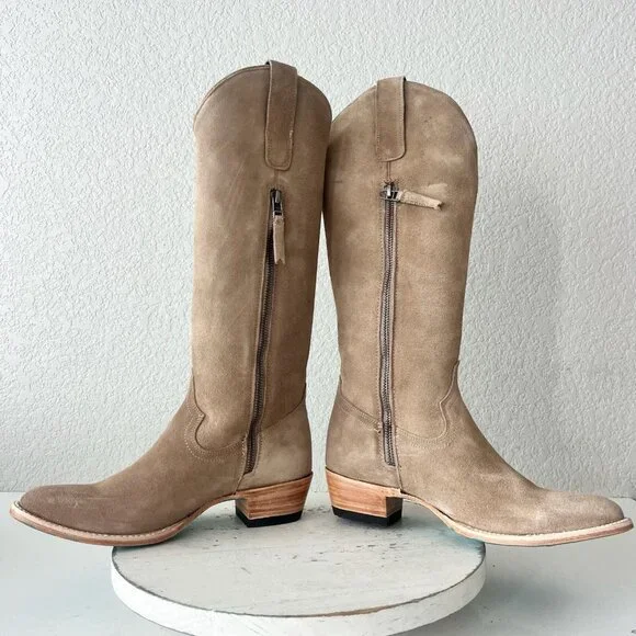 Lane PLAIN JANE Cowboy Boots Womens 7.5 Latte Suede Cowgirl Western Mid Calf - Picture 7 of 11